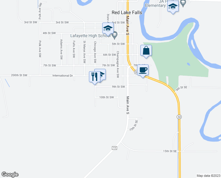 map of restaurants, bars, coffee shops, grocery stores, and more near 200 9th Street Southwest in Red Lake Falls