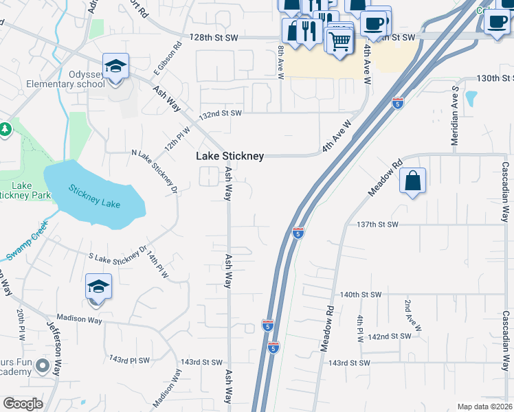 map of restaurants, bars, coffee shops, grocery stores, and more near 913 135th Street Southwest in Everett
