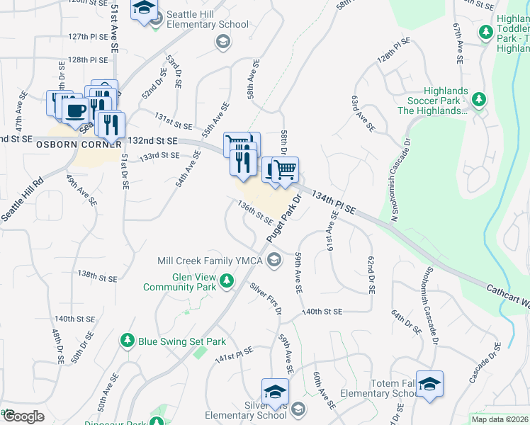 map of restaurants, bars, coffee shops, grocery stores, and more near 5733 136th Street Southeast in Everett