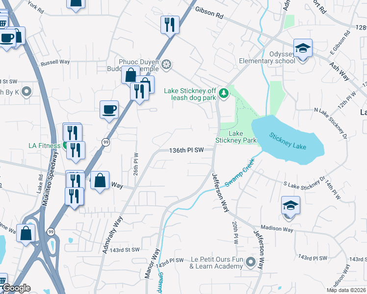 map of restaurants, bars, coffee shops, grocery stores, and more near 2311 136th Place Southwest in Lynnwood