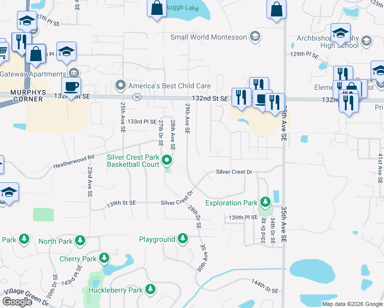 map of restaurants, bars, coffee shops, grocery stores, and more near 13427 29th Avenue Southeast in Mill Creek