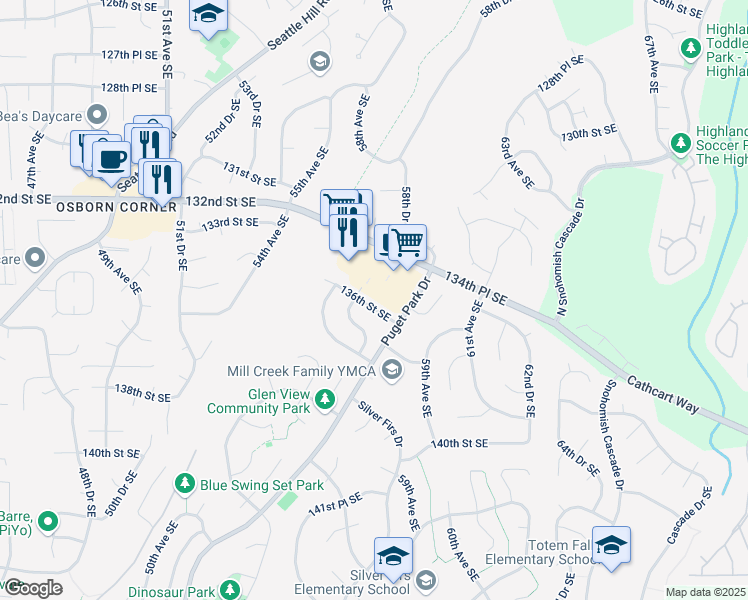 map of restaurants, bars, coffee shops, grocery stores, and more near 5617 136th Street Southeast in Everett
