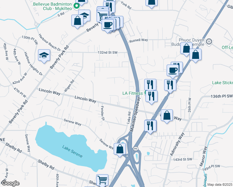 map of restaurants, bars, coffee shops, grocery stores, and more near 13522 Lake Road in Lynnwood