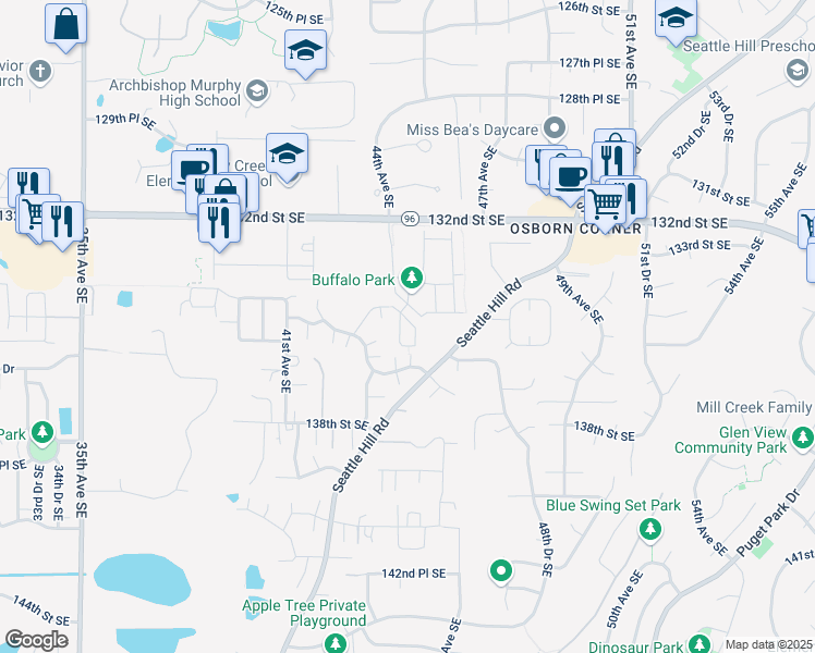 map of restaurants, bars, coffee shops, grocery stores, and more near 4418 135th Place Southeast in Mill Creek