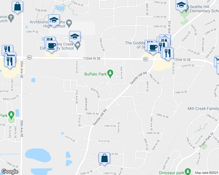 map of restaurants, bars, coffee shops, grocery stores, and more near 4425 135th Place Southeast in Mill Creek