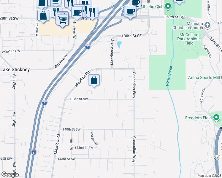 map of restaurants, bars, coffee shops, grocery stores, and more near 13518 Meridian Avenue South in Everett