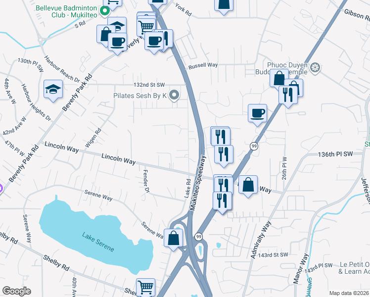 map of restaurants, bars, coffee shops, grocery stores, and more near 13528 Lake Road in Lynnwood