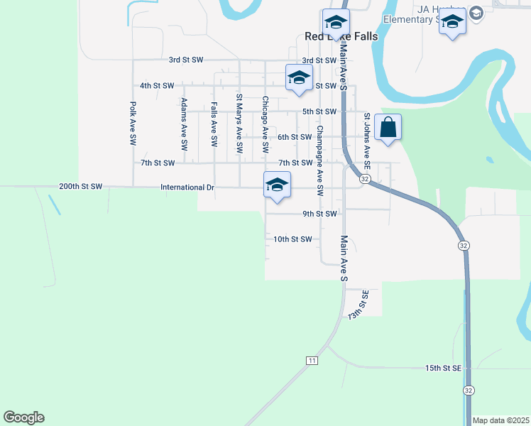 map of restaurants, bars, coffee shops, grocery stores, and more near 209 9th Street Southwest in Red Lake Falls