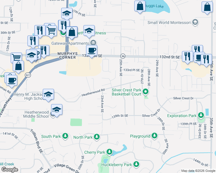 map of restaurants, bars, coffee shops, grocery stores, and more near 2323 135th Street Southeast in Mill Creek