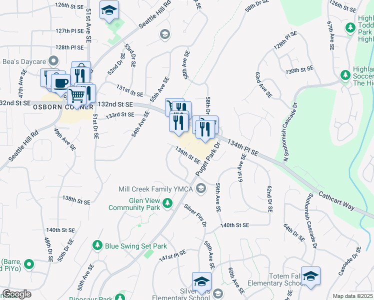 map of restaurants, bars, coffee shops, grocery stores, and more near 5617 136th Street Southeast in Everett