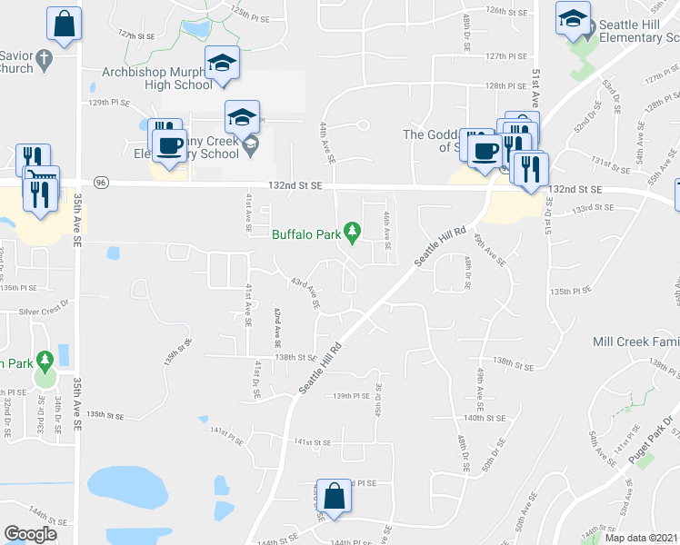 map of restaurants, bars, coffee shops, grocery stores, and more near 4320 135th Place Southeast in Mill Creek