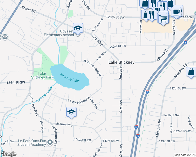 map of restaurants, bars, coffee shops, grocery stores, and more near 1300 North Lake Stickney Drive in Lynnwood