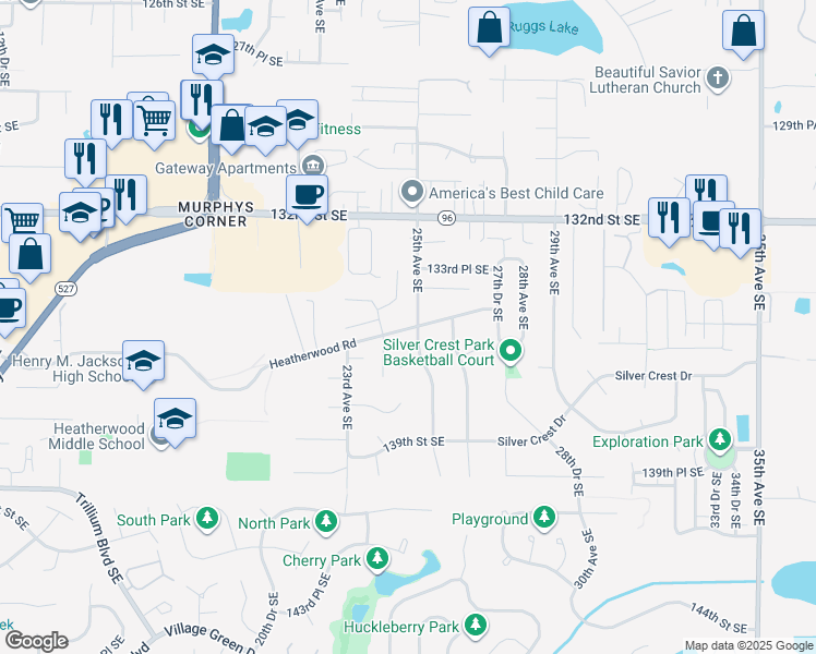 map of restaurants, bars, coffee shops, grocery stores, and more near 13600 25th Avenue Southeast in Mill Creek