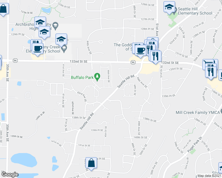 map of restaurants, bars, coffee shops, grocery stores, and more near 13415 46th Avenue Southeast in Mill Creek