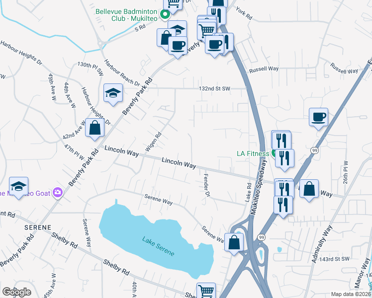map of restaurants, bars, coffee shops, grocery stores, and more near 13520 36th Place West in Lynnwood