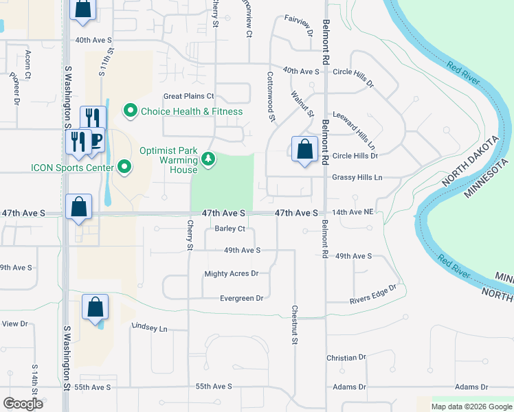 map of restaurants, bars, coffee shops, grocery stores, and more near 4582 Belmont Rd in Grand Forks