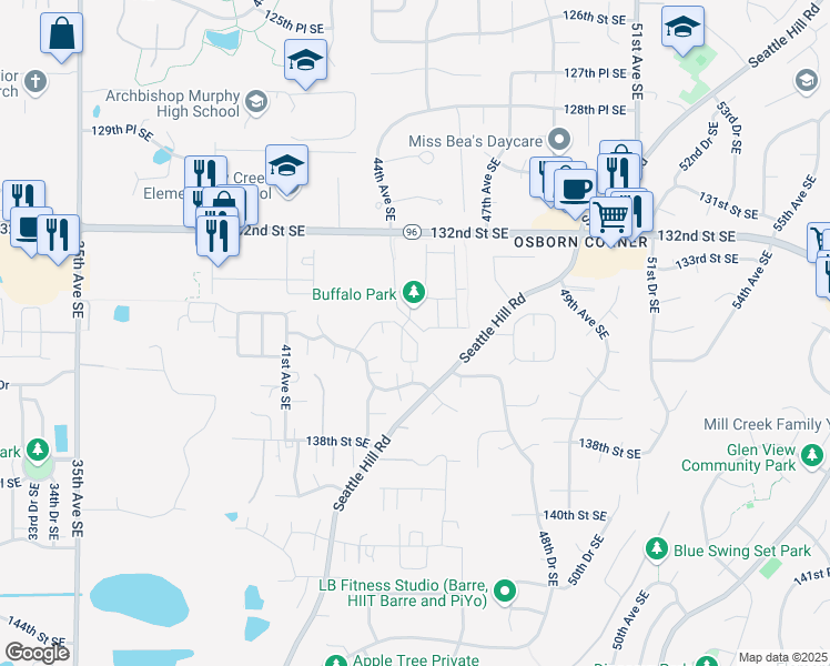 map of restaurants, bars, coffee shops, grocery stores, and more near 4425 135th Place Southeast in Mill Creek