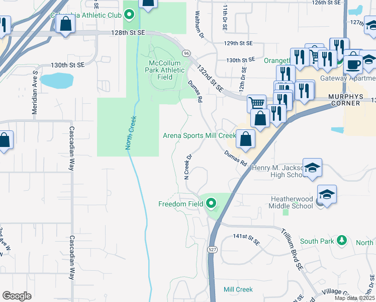 map of restaurants, bars, coffee shops, grocery stores, and more near 13510 North Creek Drive in Bothell