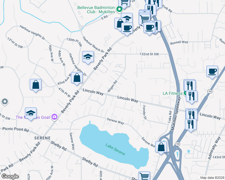 map of restaurants, bars, coffee shops, grocery stores, and more near 13522 Wigen Road in Lynnwood
