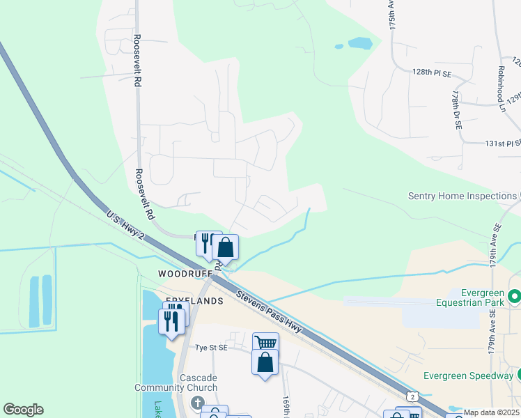 map of restaurants, bars, coffee shops, grocery stores, and more near 16847 Copper Mountain Road Southeast in Monroe