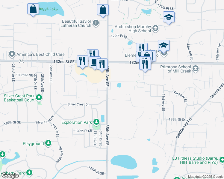 map of restaurants, bars, coffee shops, grocery stores, and more near 3501-3813 134th St SE in Mill Creek