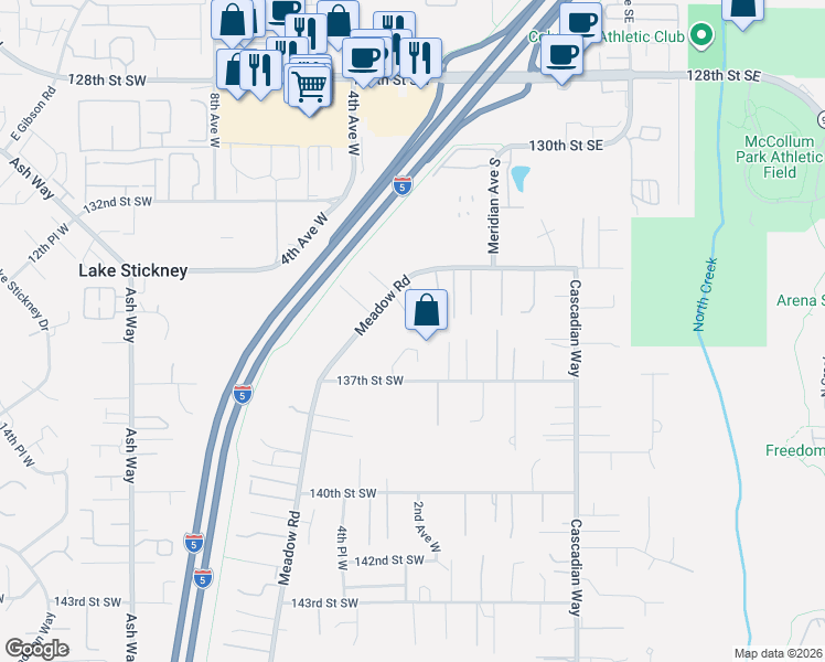 map of restaurants, bars, coffee shops, grocery stores, and more near 13415 Meadow Road in Everett