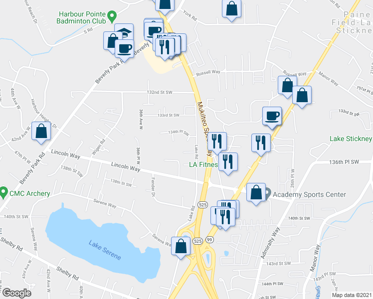 map of restaurants, bars, coffee shops, grocery stores, and more near 13522 Lake Road in Lynnwood