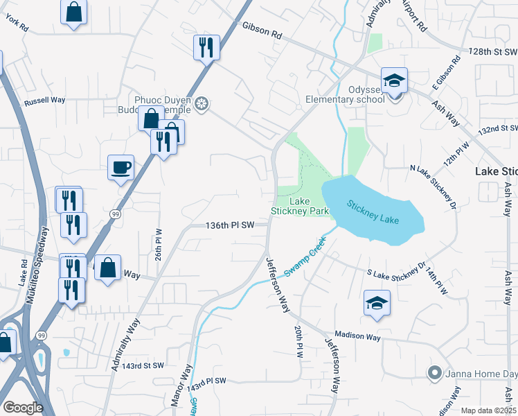 map of restaurants, bars, coffee shops, grocery stores, and more near 13518 Manor Way in Lynnwood