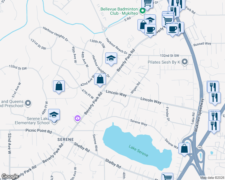 map of restaurants, bars, coffee shops, grocery stores, and more near 4105 Lincoln Way in Lynnwood