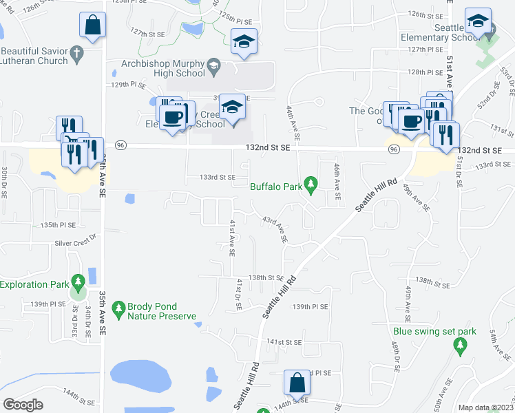map of restaurants, bars, coffee shops, grocery stores, and more near 13427 43rd Avenue Southeast in Mill Creek