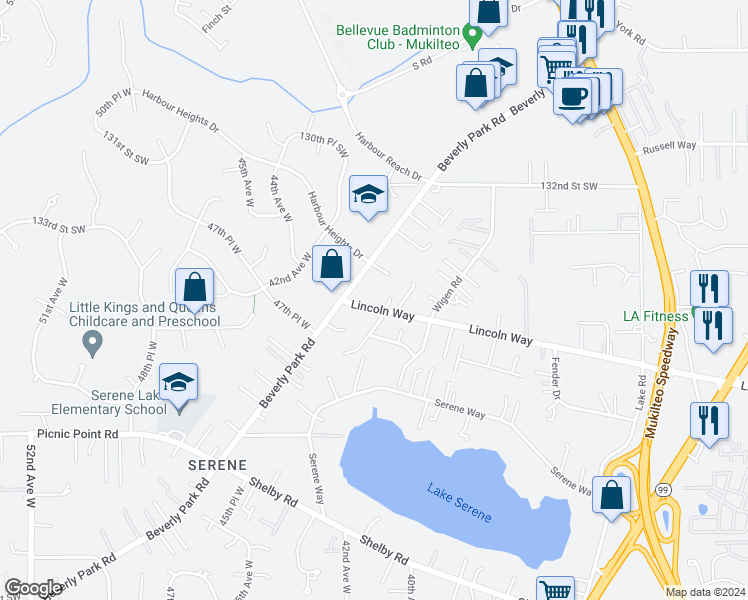 map of restaurants, bars, coffee shops, grocery stores, and more near 4105 Lincoln Way in Lynnwood