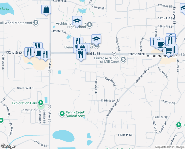map of restaurants, bars, coffee shops, grocery stores, and more near 13425 40th Avenue Southeast in Mill Creek