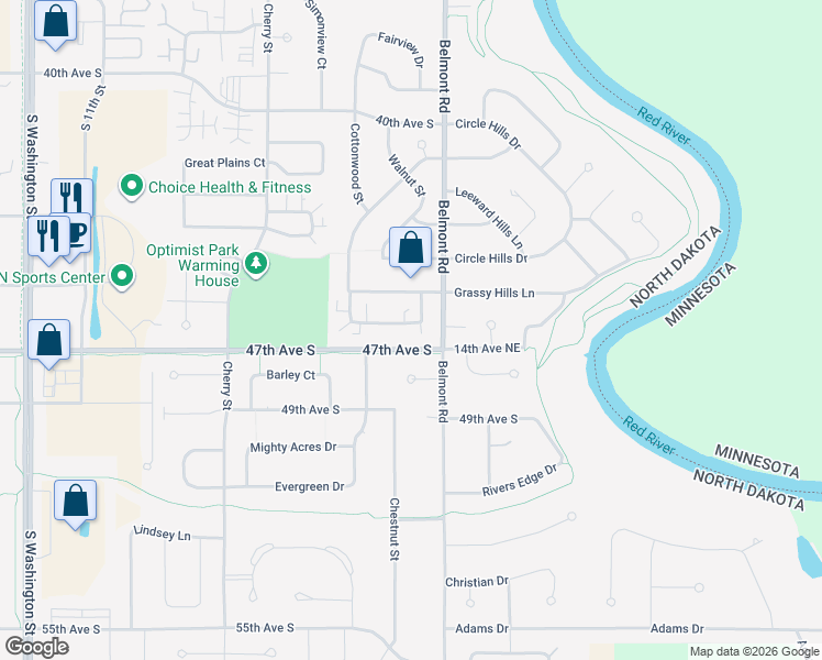 map of restaurants, bars, coffee shops, grocery stores, and more near 4610 Belmont Road in Grand Forks