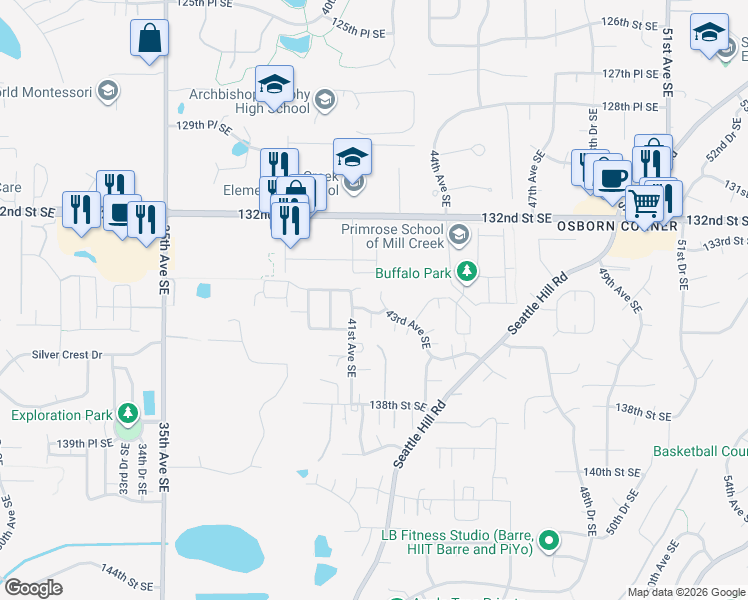 map of restaurants, bars, coffee shops, grocery stores, and more near 13424 43rd Avenue Southeast in Mill Creek