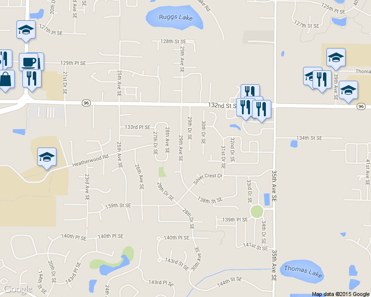 map of restaurants, bars, coffee shops, grocery stores, and more near 13427 29th Ave SE in Mill Creek