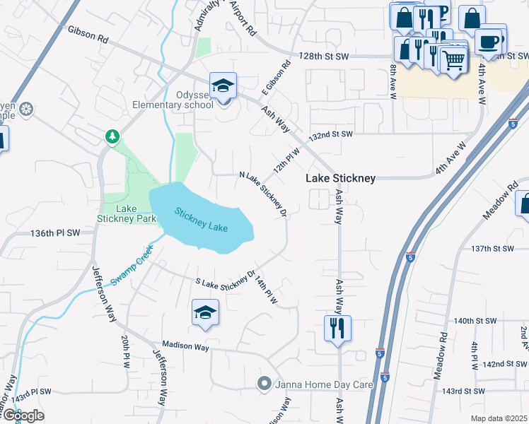 map of restaurants, bars, coffee shops, grocery stores, and more near 1312 North Lake Stickney Drive in Lynnwood