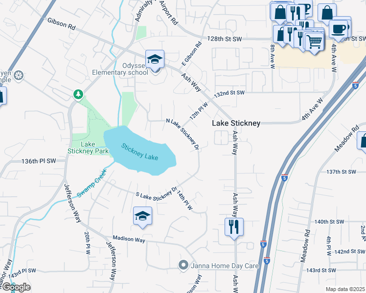 map of restaurants, bars, coffee shops, grocery stores, and more near 1312 North Lake Stickney Drive in Lynnwood