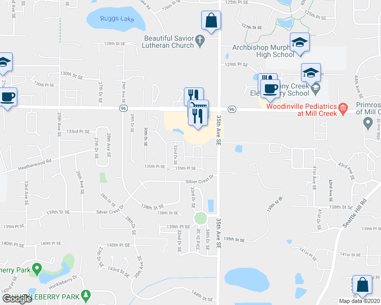 map of restaurants, bars, coffee shops, grocery stores, and more near 13424 34th Avenue Southeast in Mill Creek