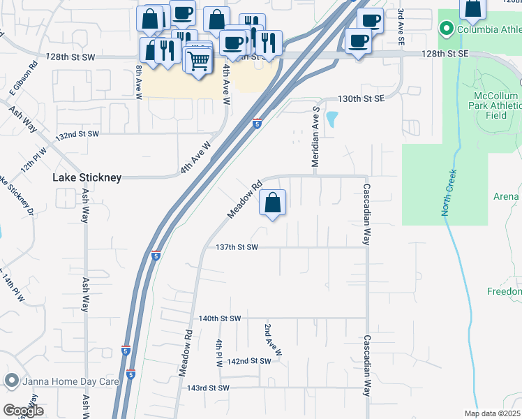 map of restaurants, bars, coffee shops, grocery stores, and more near 13415 Meadow Road in Everett