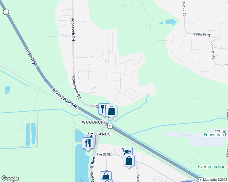 map of restaurants, bars, coffee shops, grocery stores, and more near 13436 Prospector Ridge Rd SE in Monroe