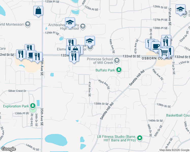 map of restaurants, bars, coffee shops, grocery stores, and more near 13424 43rd Avenue Southeast in Mill Creek