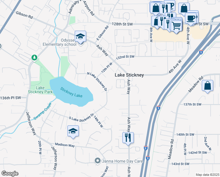map of restaurants, bars, coffee shops, grocery stores, and more near 1221 North Lake Stickney Drive in Lynnwood
