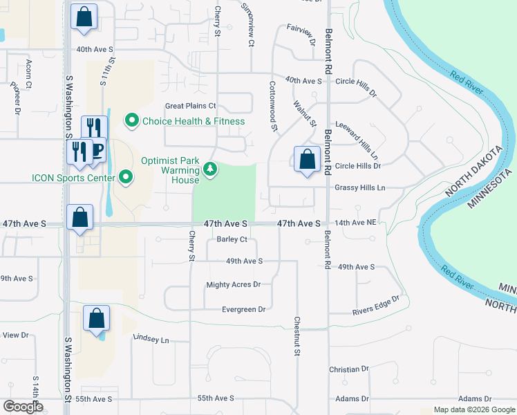 map of restaurants, bars, coffee shops, grocery stores, and more near 4582 Belmont Road in Grand Forks