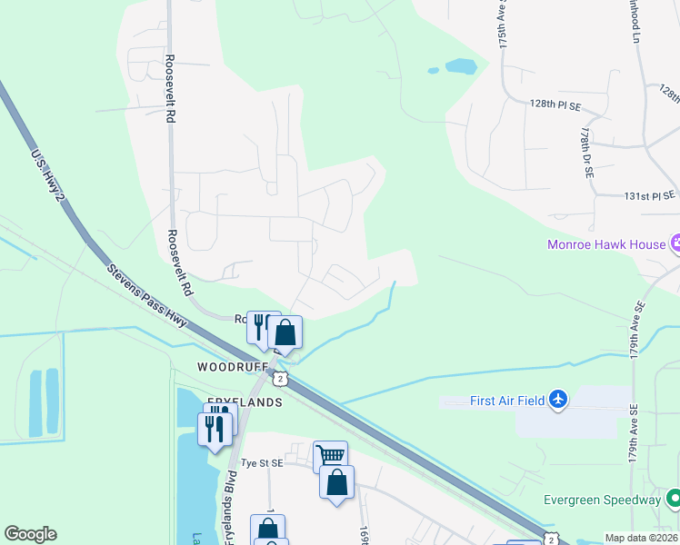map of restaurants, bars, coffee shops, grocery stores, and more near 16890 Lookout Mountain Road Southeast in Monroe