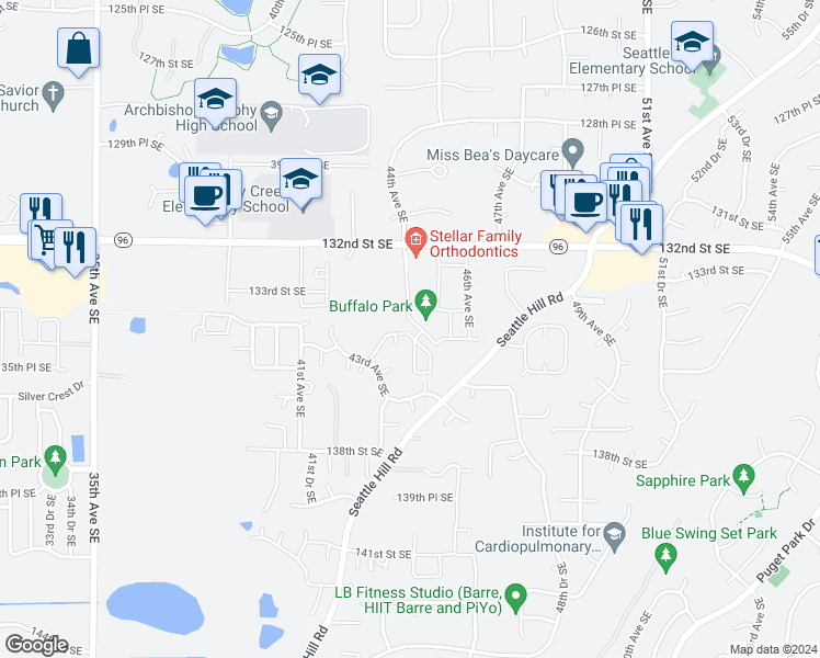 map of restaurants, bars, coffee shops, grocery stores, and more near 4405 135th Place Southeast in Mill Creek