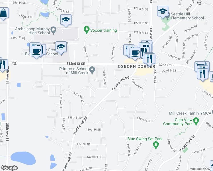 map of restaurants, bars, coffee shops, grocery stores, and more near 13415 46th Avenue Southeast in Mill Creek