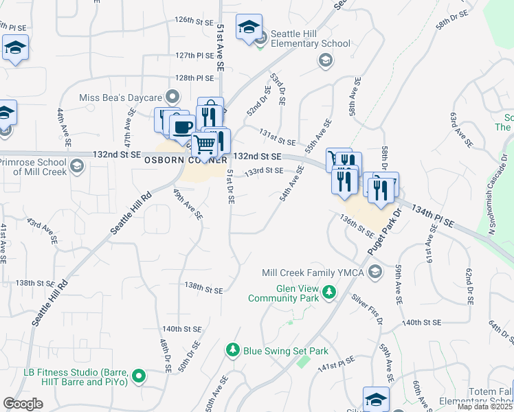 map of restaurants, bars, coffee shops, grocery stores, and more near 5223 135th Street Southeast in Everett