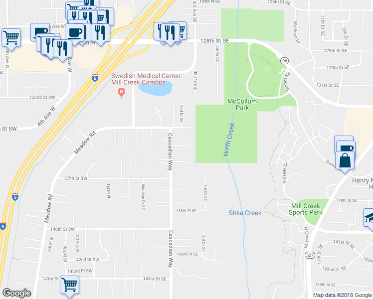 map of restaurants, bars, coffee shops, grocery stores, and more near 220 135th Street Southeast in Everett
