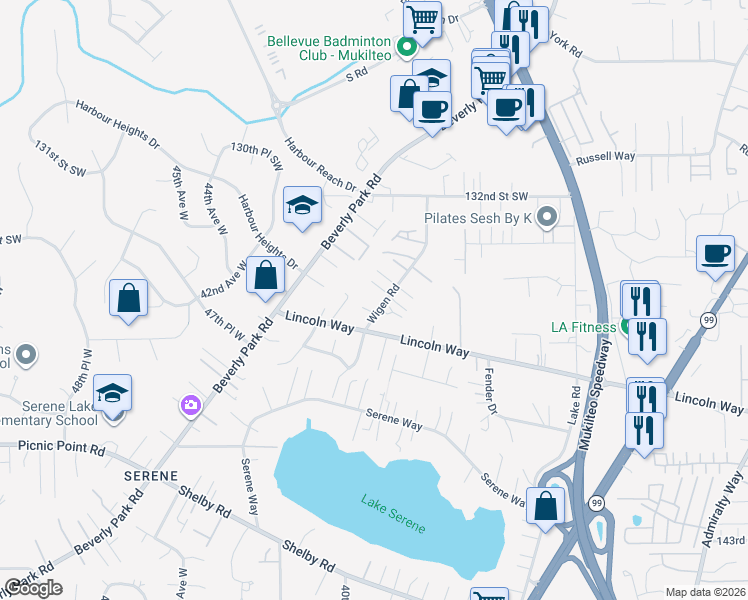 map of restaurants, bars, coffee shops, grocery stores, and more near 13522 Wigen Road in Lynnwood