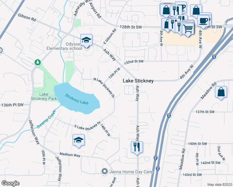 map of restaurants, bars, coffee shops, grocery stores, and more near 1221 North Lake Stickney Drive in Lynnwood